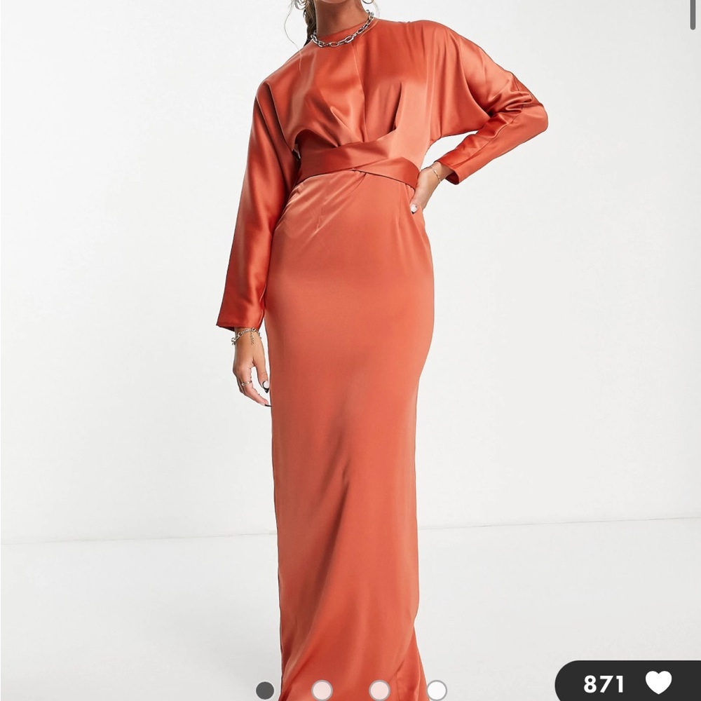 ASOS DESIGN satin maxi dress with batwing sleeve and wrap waist in rust